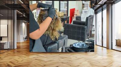 Photograph of a female beautician dyeing the hair of a female customer at a beauty salon in Thailand. Wall mural