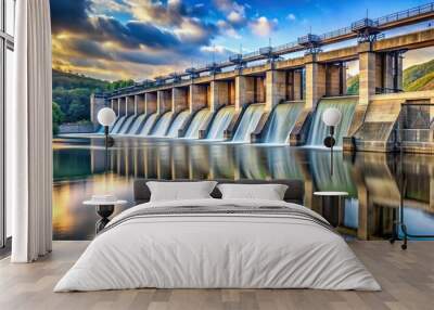 Reflected hydroelectric dam with multiple spillways and water flow Wall mural