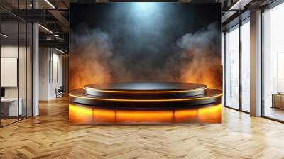 Round black metal podium illuminated by orange lights in dark background with smoke Wall mural