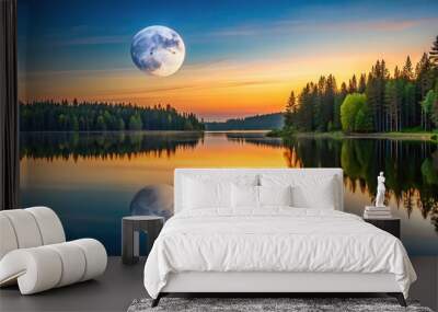 Scenic sunset reflection on lake with forest and tall trees in background, close-up Wall mural