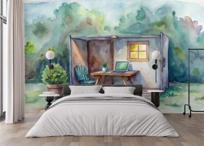 Watercolor of a portable home office for a young digital nomad Wall mural