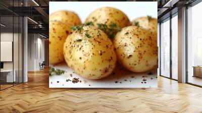 Closeup of a group of organic new potatoes with fresh herbs and spices on a rustic wooden table. Homemade,healthy and nutritious ingredients for a delicious culinary dish or meal. Wall mural