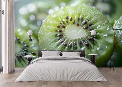 Closeup of sliced juicy and refreshing kiwi fruit with water droplets on the surface,showcasing the vibrant green color,textured skin,and pulpy interior of this healthy,nutritious tropical fruit. Wall mural