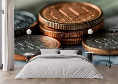 Closeup view of an assortment of metal coins and paper currency,representing various global monetary systems and finance concepts such as savings,investment,business,and economic wealth. Wall mural