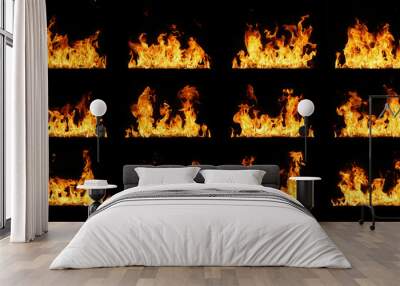 Fire flames collection isolated on black Wall mural