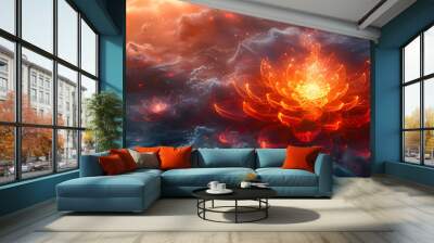 Glowing Red Lotus Flower in the Sky, To showcase the beauty and mystique of a glowing red lotus flower in a unique and eye-catching way, this artwork Wall mural