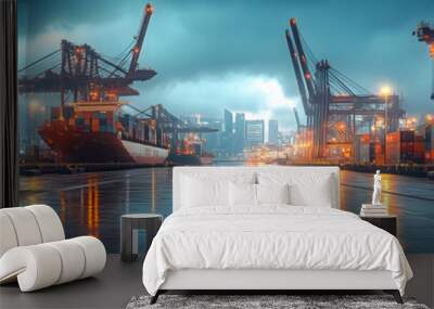 Panoramic view of a bustling seaport city at night,with illuminated container cargo cranes and skyline in the background. The scene depicts the global logistics and trade industry. Wall mural