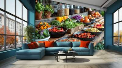 Sustainably Sourced and Locally Grown Organic Produce Shining in FarmtoTable Dishes Wall mural