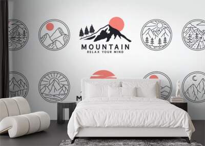 set, bundle of mountains logo line art vector illustration design, nature line art logo design. Wall mural