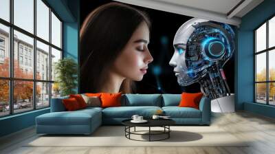 A human and a robot face each other, symbolizing the intersection of technology and humanity. Wall mural