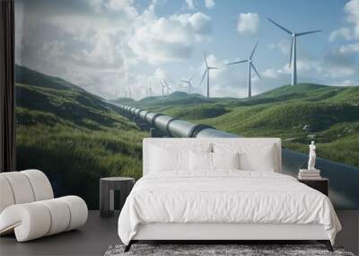 A pipeline stretches across a green landscape with wind turbines in the background. Wall mural