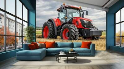 A red tractor in a harvested field under a cloudy sky, designed for agricultural work. Wall mural