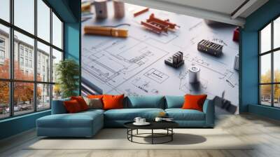 A workspace featuring blueprints and various engineering tools for design and construction. Wall mural