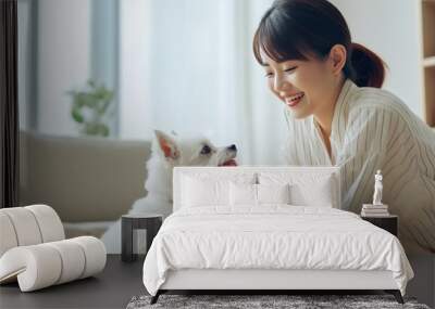 Asian women playing with funny dog. AI generated image Wall mural