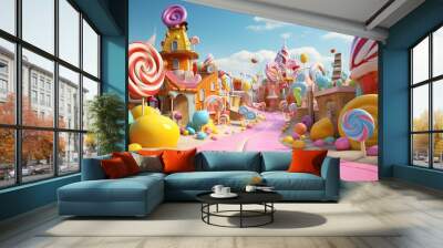 Beautiful fairy tale city in form candy in pastel colors. AI generated image Wall mural