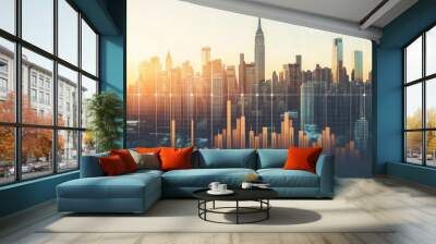 City skyline at sunset with a digital data overlay, symbolizing urban growth and analytics. Wall mural