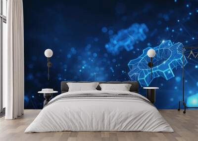 Digital futuristic gears rotation wireframe technology. AI generated image Wall mural