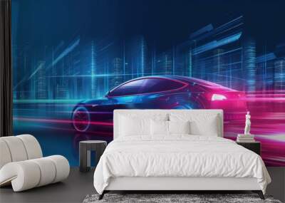 Fast speed electric car silhouette on city highway neon glowing modern style. AI generated image Wall mural