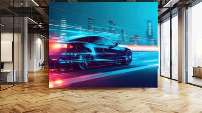 Fast speed electric car silhouette on city highway neon glowing modern style. AI generated image Wall mural