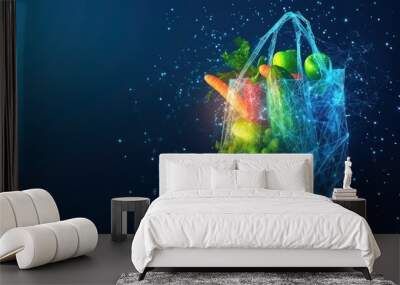 Futuristic 3d paper bag groceries with fruits and vegetables in dark blue background. AI generated Wall mural