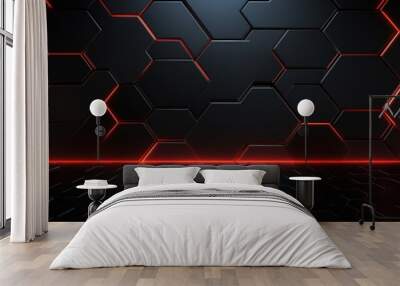 Hexagonal carbon fiber with red luminous lines and highlights background. AI generated image Wall mural