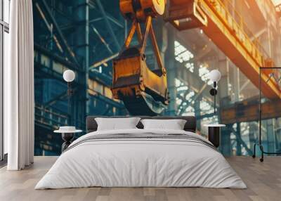 Large crane machine hanging inside industrial factory. Generated AI image Wall mural