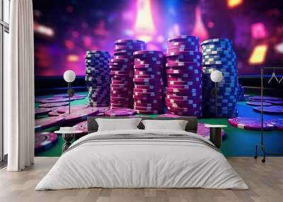 Poker casino chips on light illumination. AI generated image Wall mural