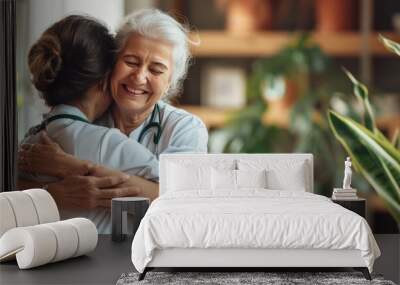 Portrait happy woman nurse hug her old senior patient in elderly care house. AI generated image Wall mural