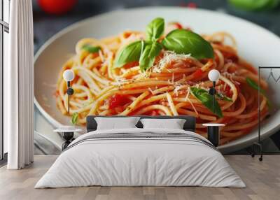 Tasty spaghetti food with tomato sauce and fresh basil on white plate. AI generated image Wall mural