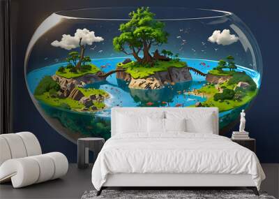 A fishbowl filled with tiny floating islands and trees instead of water, representing a unique perspective on the concept of habitat. Wall mural