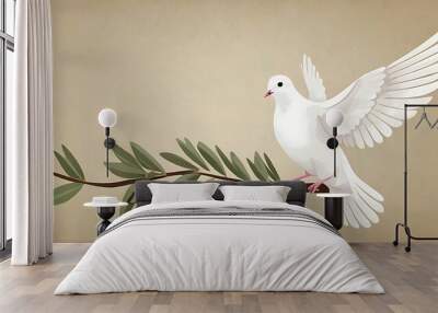 A serene digital illustration of a dove carrying an olive branch, symbolizing peace and the Holy Spirit, with soft colors and space for text. Wall mural