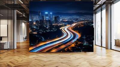 A long exposure photo of a highway at night generate with Ai. Wall mural