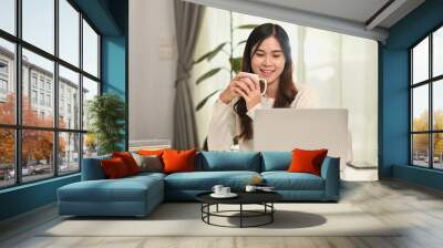 Charming asian female entrepreneur watching online webinar, communicating on internet via laptop computer Wall mural