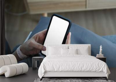 Close up view of female freelancer hands using smartphone mockup while sitting on couch. Blank screen mobile phone for graphic display montage. Wall mural