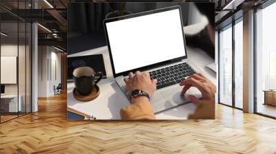 Close up view of young man freelancer using laptop computer searching information at comfortable workplace. Wall mural