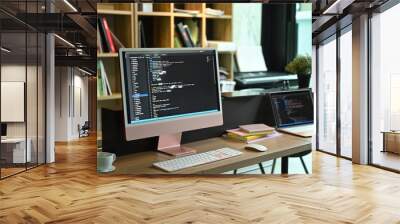 Computer pc and laptop with programming code on screens at software development company Wall mural