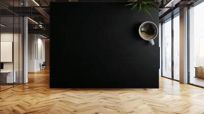 Copy space office black table with laptop, notebook, pencil and coffee cup with plat. Wall mural