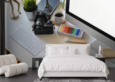 Creative photography workspace with office desk table. Wall mural