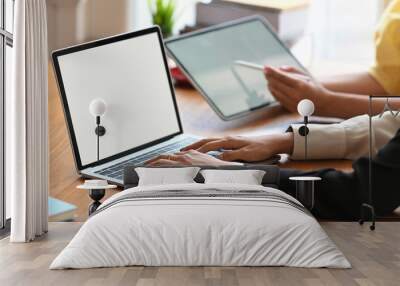 Cropped image of stylish women working together with computer laptop and tablet while sitting at the wooden working desk over modern sitting room as background. Wall mural