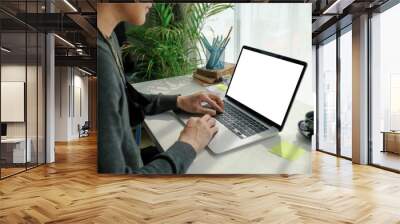 Cropped shot of young man freelancer concentrate working on laptop computer. Wall mural