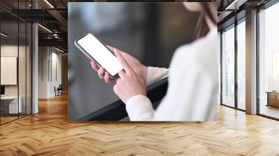 Cropped shot of young woman hands holding smartphone with blank screen clipping path inside. Wall mural