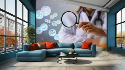 Doctor holding magnifying glass with medical and healthcare Icons. Medical check up concept Wall mural