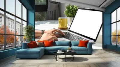 Female freelancer using laptop computer at bright modern home office. Wall mural