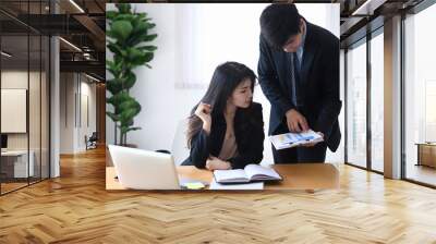 Two business colleagues using computer laptop and discussing company financial strategy in modern office. Wall mural