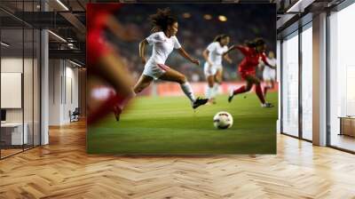 Woman soccer player wearing in uniform battle action in soccer stadium, Generative Ai content. Wall mural