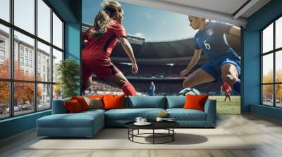 Woman soccer player wearing in uniform battle action in soccer stadium, Generative Ai content. Wall mural