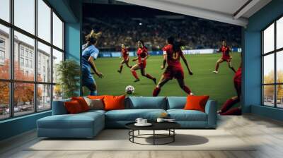 Woman soccer player wearing in uniform battle action in soccer stadium, Generative Ai content. Wall mural