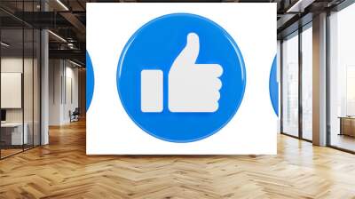 Blue like icon thumbs up social sign or notification button symbol graphic design element isolated on empty background, followers concept. 3D rendering. Wall mural