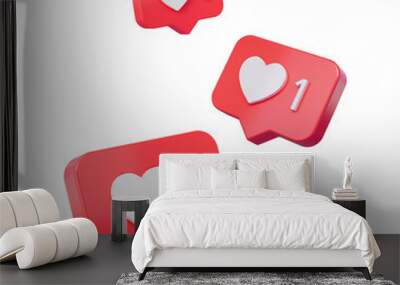 Heart in red speech bubble icon isolated on pink background. One Love like heart social media notification icon. Emoji, chat and Social Network. 3d rendering, 3d illustration Wall mural