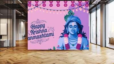 Happy Krishna Janmashtami greeting card template, sticker isolated on abstract background, Indian festival celebration, graphic design illustration wallpaper Wall mural